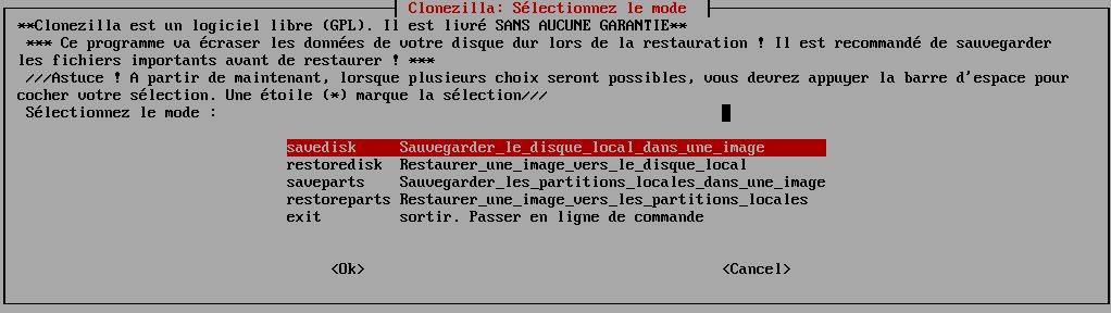 Capture décran - Choix du mode daction de Clonezilla