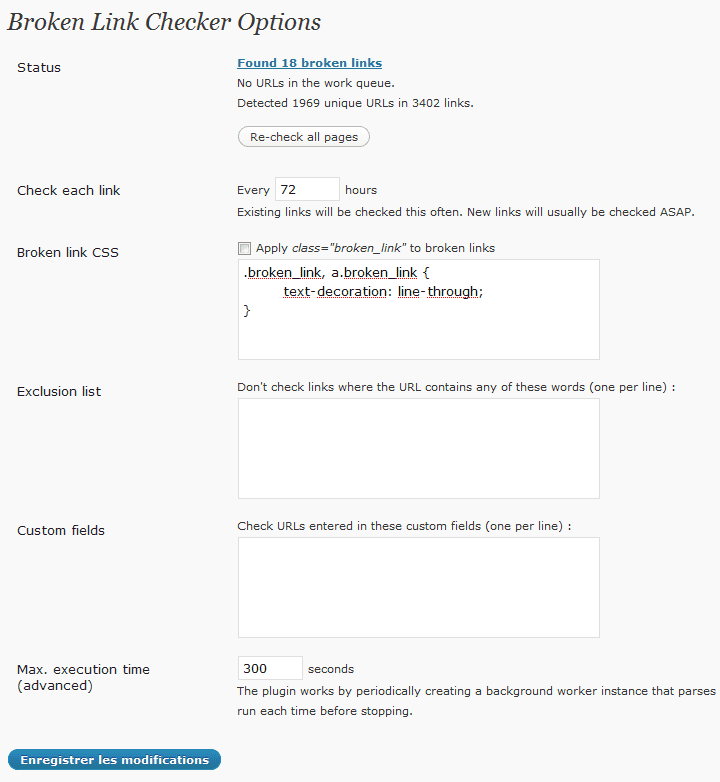 Capture d'écran - Plugin Broken Link Checker