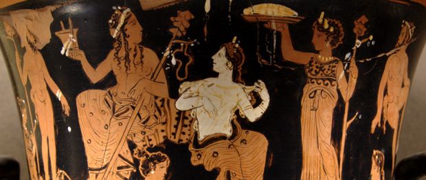 Dionysos et Ariane. Détail de la face A d'un cratère en calice attique à figures rouges, vers 400-375 av. J.-C. Provenance : Thèbes.