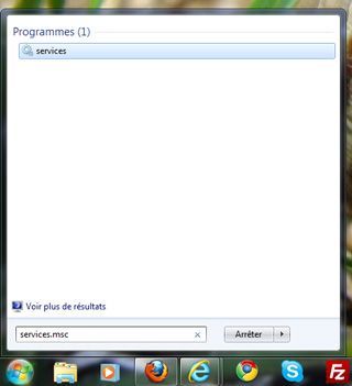 Capture d'écran - Menu Démarrer, rechercher du module Services