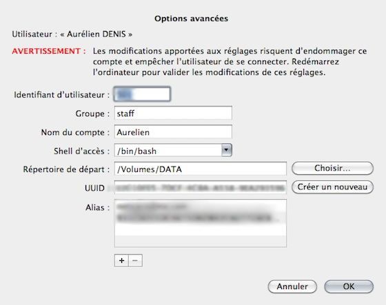 Capture d'écran - Choix de la partition utilisateur sous MacOS X