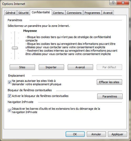 Capture d'écran - Internet Explorer 9, blocage de l'emplacement physique