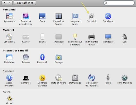 Capture d'écran - Préférences Système, icône Sécurité