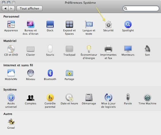 Capture d'écran - Préférences Système, icône Sécurité
