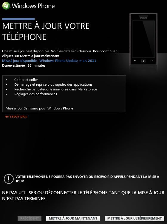 Capture d'écran - Etape 1 de la mise NoDo pour Windows Phone 7