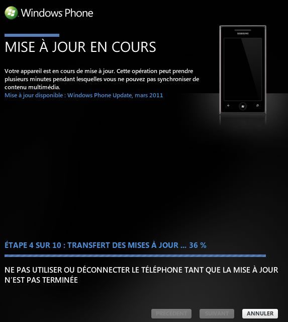 Capture d'écran - Mise à jour NoDo Windows Phone 7 en cours