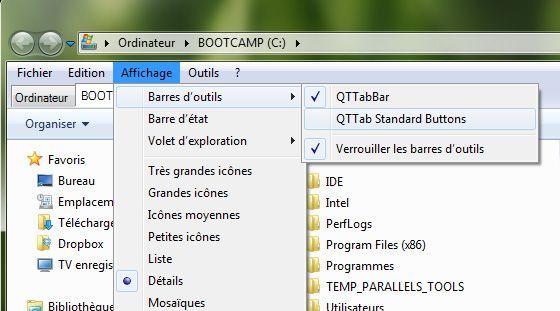 Capture d'écran - Masquer la barre d'outils de QTTab