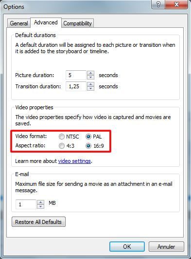 Capture d'écran - Paramètres vidéos avancés de Movie Maker 2.6