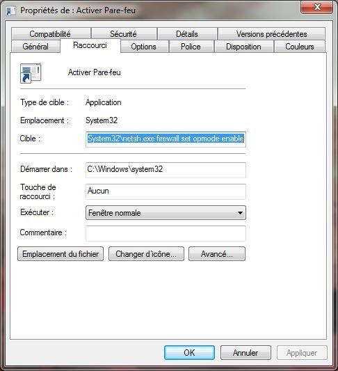 Capture d'écran - Propriétés du raccourci Activer Pare-feu