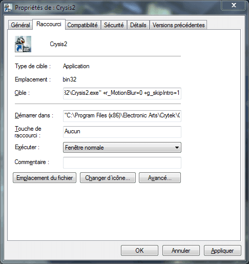Capture d'écran - Propriétés du raccourci Crysis 2 du Bureau, onglet Raccourci