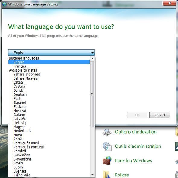 Capture d'écran - Paramètre de langue Windows Live