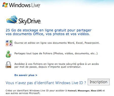 Capture d'écran - Inscription Windows Live SkyDrive