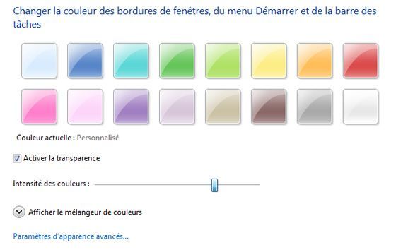 Capture d'écran - Intensité de la couleur des fenêtres sous Windows 7