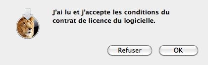 Capture d'écran - Installation de MacOS X Lion, conditions d'utilisation