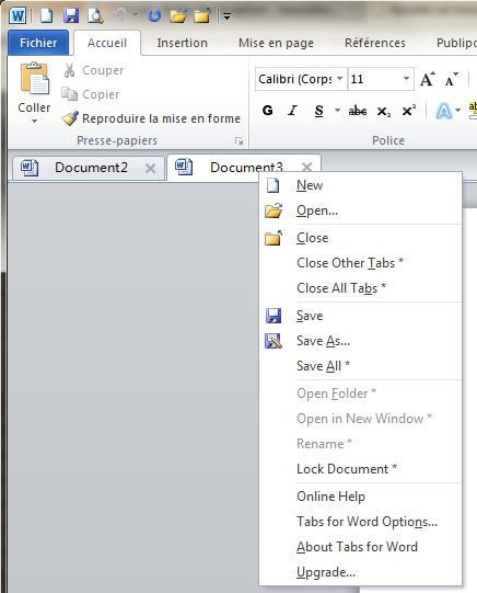 Capture d'écran - Options du menu contextuel d'un onglet sous Word 2010