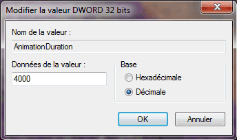 Capture d'écran - Modification de la clé AnimationDuration du Registre