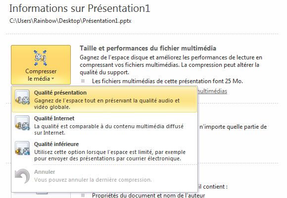 Capture d'écran - Choix du niveau de compression des médias, PowerPoint 2010