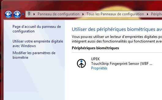 Capture d'écran - Gestion de vos empreintes digitales sous Windows 7