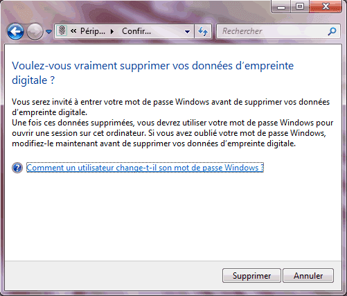 Capture d'écran - Confirmation de suppression de vos données biométriques sous Windows 7