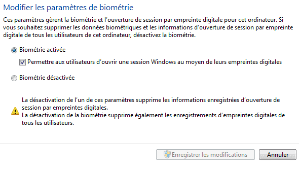 Capture d'écran - Fenêtre d'action/désactivation de la biométrie sous Windows 7