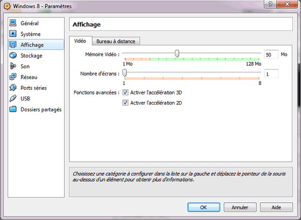 Capture d'écran - Configuration de la VM, partie Affichage