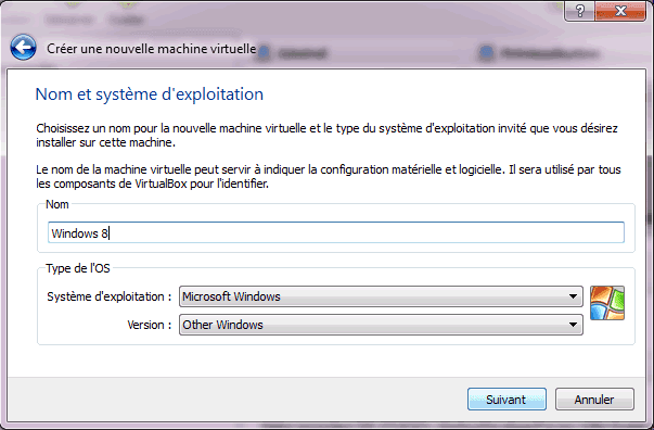 Capture d'écran - Etape 2 de la création de la machine virtuelle pour Windows 8