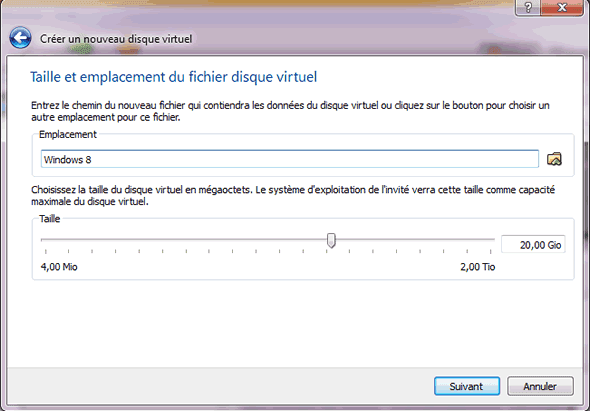 Capture d'écran - Etape 7 de la création de la machine virtuelle pour Windows 8