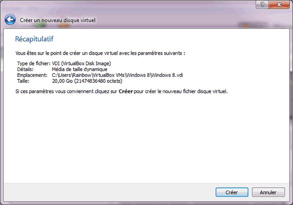 Capture d'écran - Etape 8 de la création de la machine virtuelle pour Windows 8