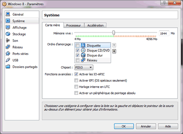 Capture d'écran - Configuration de la VM, partie Carte mère