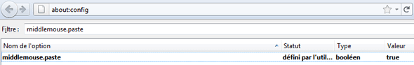 Capture d'écran - About:config de Firefox, ligne Middlemouse.paste