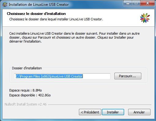 Capture d'écran - Installation de Linux Live USB Creator, étape n°2