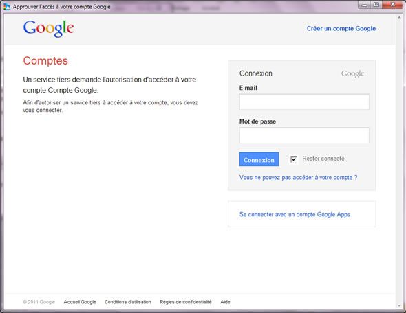 Capture d'écran - Google Cloud Connect dans Office 2010, connexion à votre compte Google