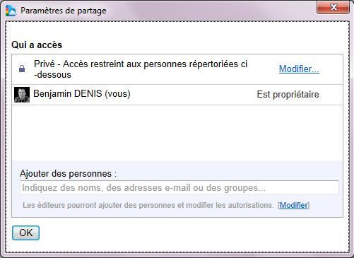 Capture d'écran - Google Cloud Connect, partage d'un document