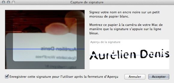 Capture d'écran - Création de la signature avec iSight