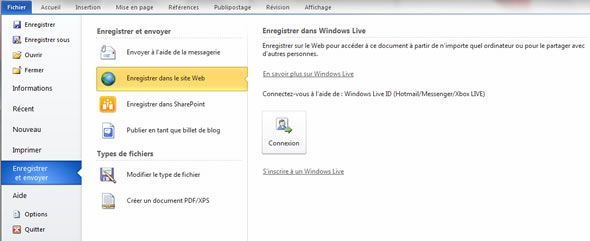 Capture d'écran - Menu backstage d'Office 2010, onglet Enregistrer et envoyer