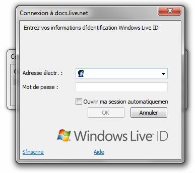 Capture d'écran - Connexion à Skydrive depuis Office 2010