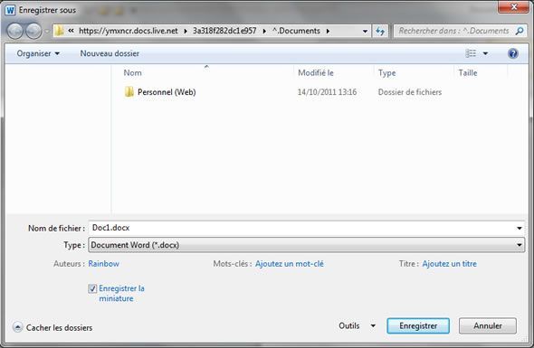 Capture d'écran - Fenêtre de sauvegarde d'un document vers Skydrive