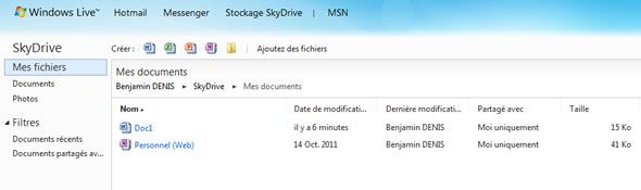 Capture d'écran - Stockage Skydrive en ligne