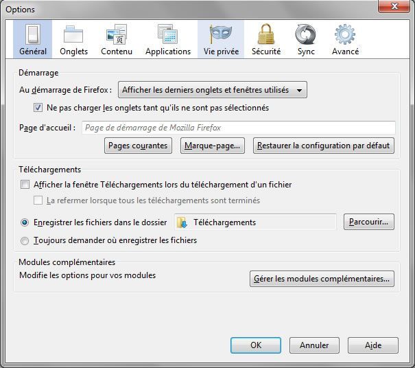 Capture d'écran - Options générales de configuration de Firefox 8