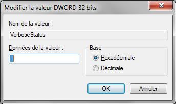 Capture d'écran - Edition de la valeur DWORD VerboseStatus sous Windows 7