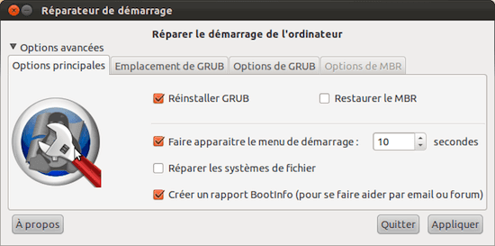 Capture d'écran - Options avancées du réparateur de démarrage