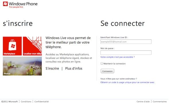 Capture d'écran - Connexion au site WindowsPhone.com