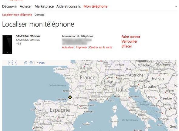 Capture d'écran - Localisation du téléphone à l'aide de Bing Maps, WindowsPhone.com