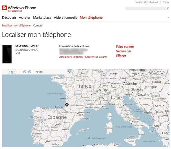 Capture d'écran - Localisation du téléphone à l'aide de Bing Maps, WindowsPhone.com