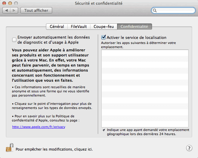 Capture d'écran - Options de confidentialité de MacOS X Lion