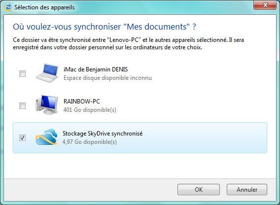 Capture d'écran - Windows Live Mesh, sélection des emplacements