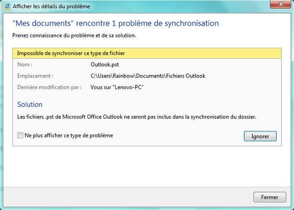 Capture d'écran - Exemple de problème de synchronisation dans Live Mesh