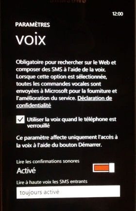 Capture d'écran - Options Voix de Windows Phone 7.5