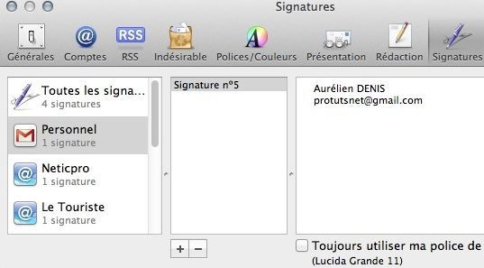 Capture d'écran - Signatures sous Apple Mail