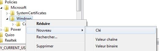 Capture d'écran - Création d'une clé dans l'Editeur du Registre